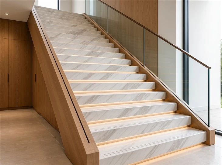 Ajax Marble interior staircase with mitered treads, illuminated risers, warm wood side panels, and glass railings in a luxury custom home