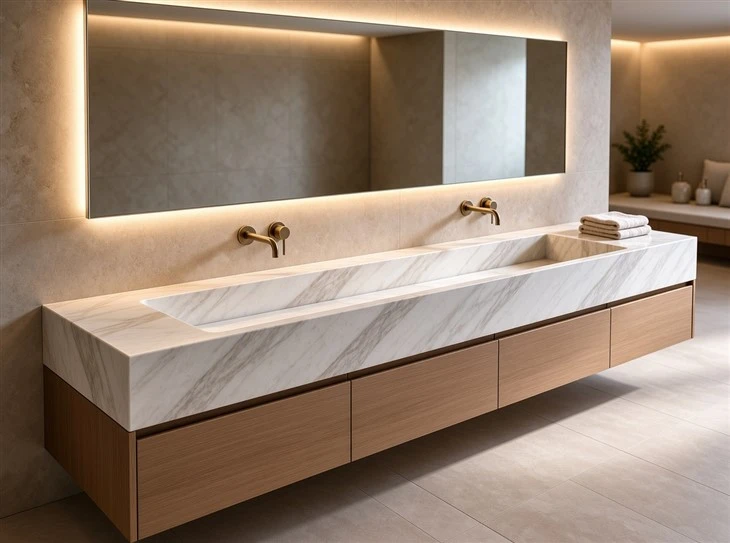 Ajax Marble bathroom vanity top with a double integrated trough sink, mitered edges, warm wood cabinetry, and wall-mounted brass faucets
