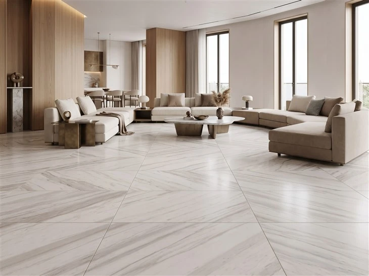 Large-format Ajax Marble floor tiles with visible grout joints in a luxury custom home living room with warm wood finishes