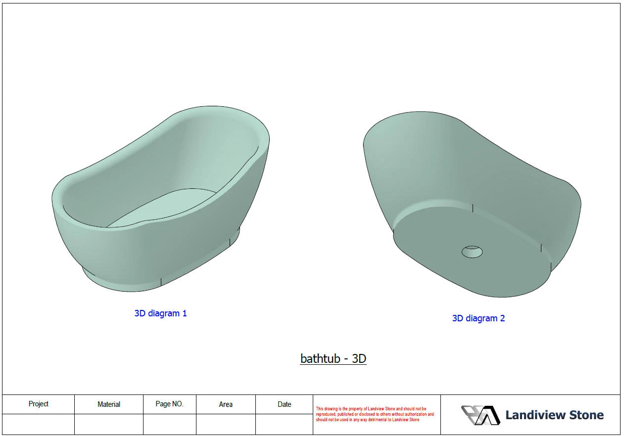 Three-dimensional model of a custom freestanding Calacatta Rosa marble bathtub showing its asymmetric rim, curved body and drain opening. Three-dimensional model of a custom freestanding Calacatta Rosa marble bathtub showing its asymmetric rim, curved body and drain opening.