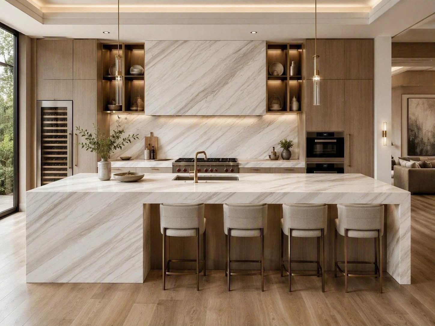Ajax Marble kitchen countertop and waterfall island with mitered edges, matching backsplash, and warm wood cabinetry in a luxury custom home Ajax Marble kitchen countertop and waterfall island with mitered edges, matching backsplash, and warm wood cabinetry in a luxury custom home